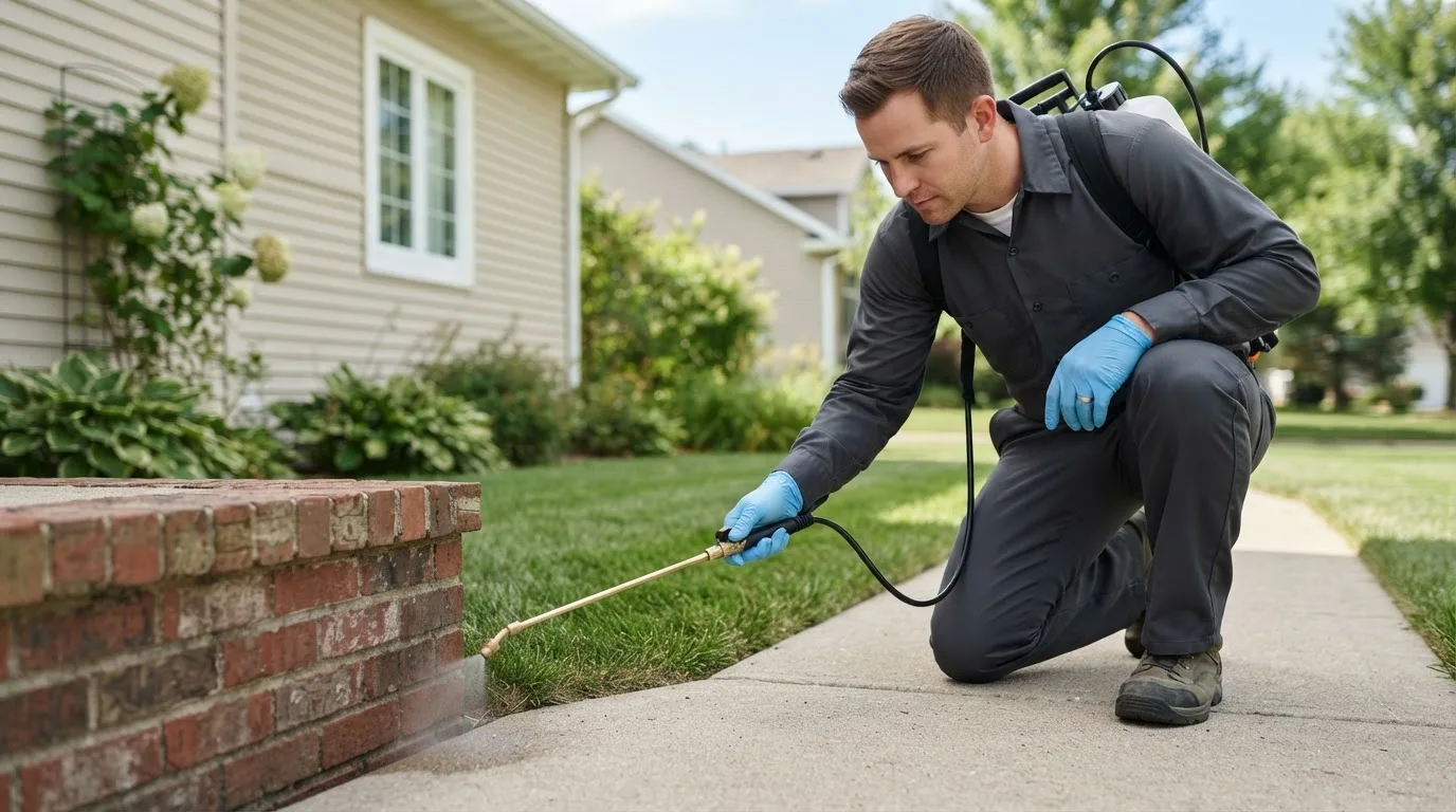 Pest control technician treating a home near Castana, IA