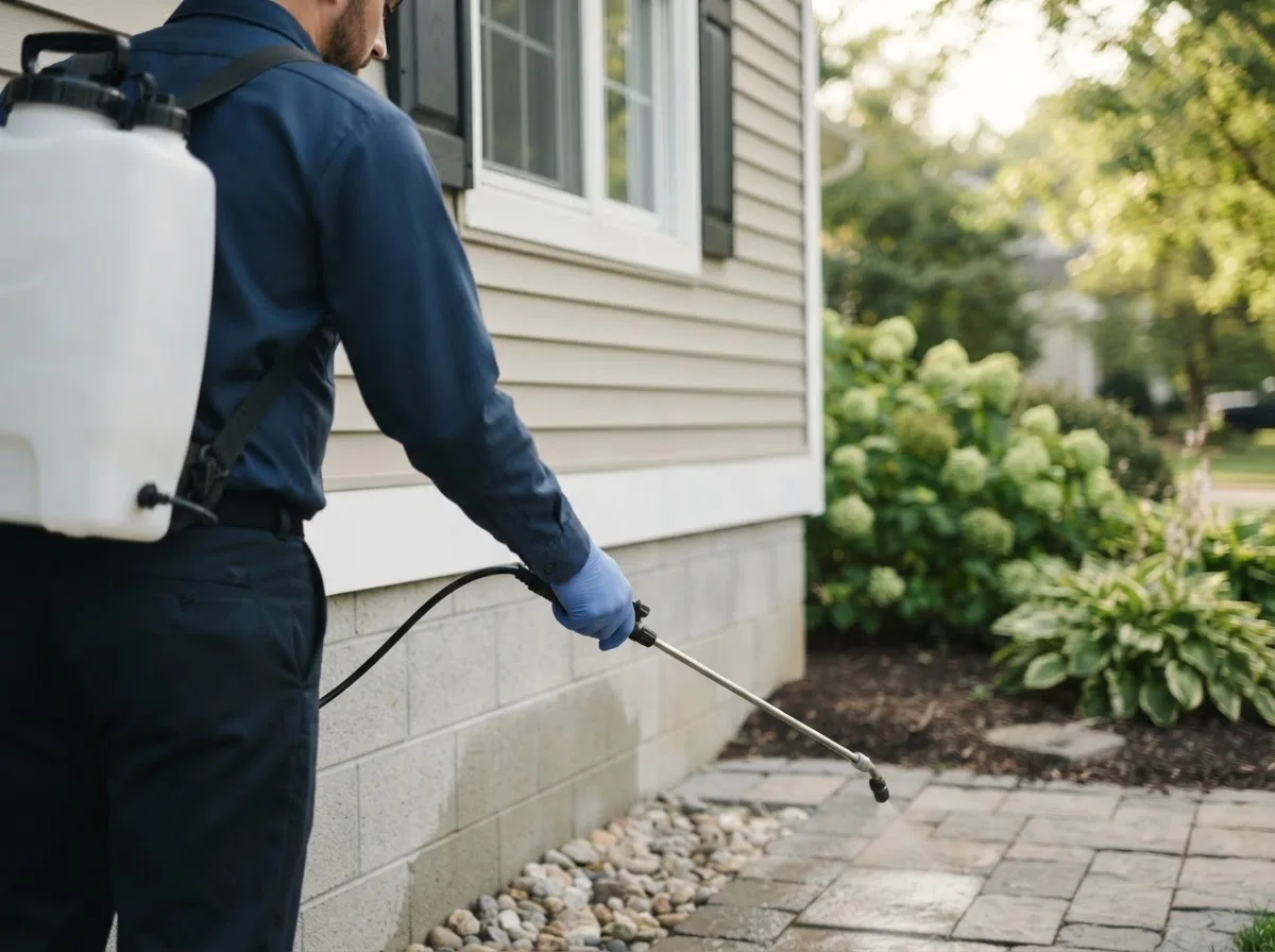 Pest control technician inspecting a home in Castana, IA